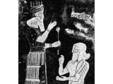 This slab found at Ashur, earliest Assyrian capital on the Tigris, shows a worshipper thanking an image of Ashur, the national god, for deliverance from a plague of locusts. One of the insects is depicted.